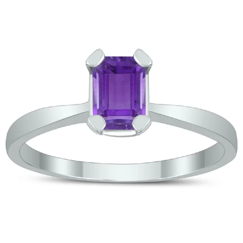 oval rings for women -Emerald Shaped 6X4MM Amethyst Solitaire Ring in 10K White Gold