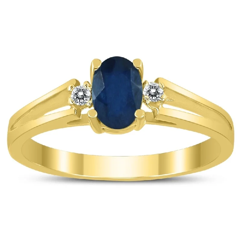 pearl engagement rings -6X4MM Sapphire and Diamond Open Three Stone Ring in 10K Yellow Gold