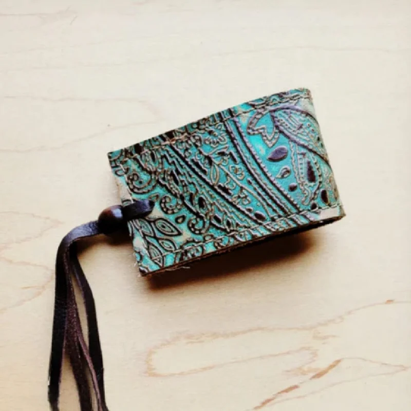 anniversary bracelets for women -Wide Leather Cuff w/ Adjustable Ties in Turquoise Brown Paisley