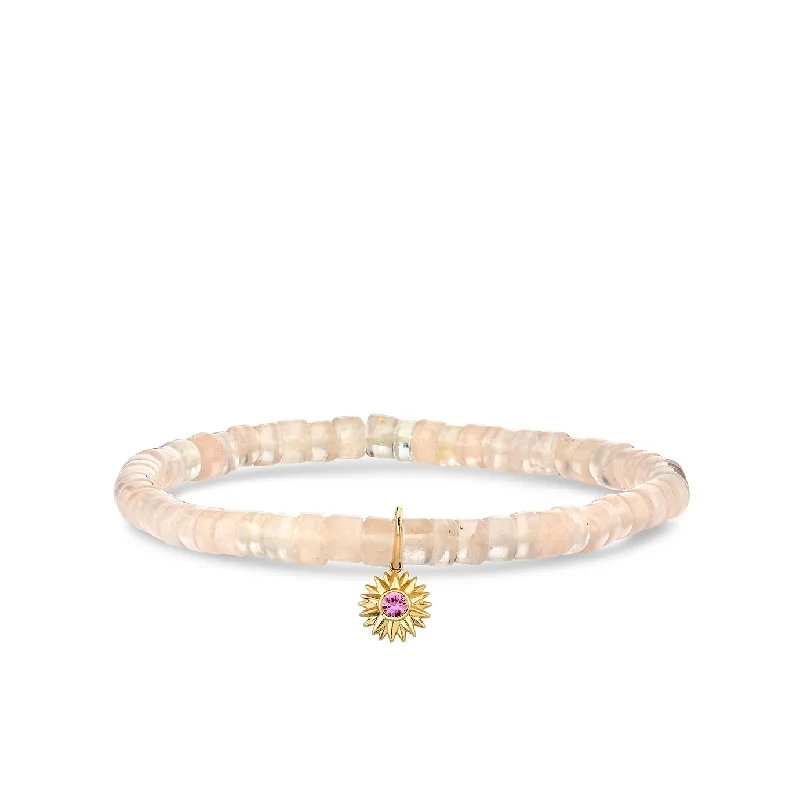 adjustable bracelets for women -Gold & Pink Sapphire Sunburst on Rose Quartz Heishi