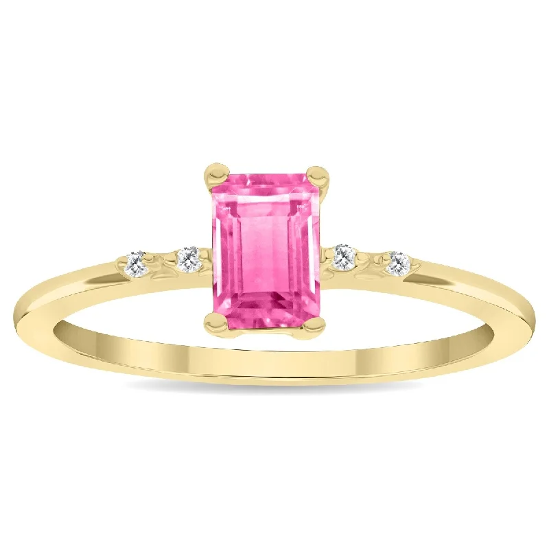 flower rings for women -Women's Emerald Cut Pink Topaz and Diamond Sparkle Ring in 10K Yellow Gold