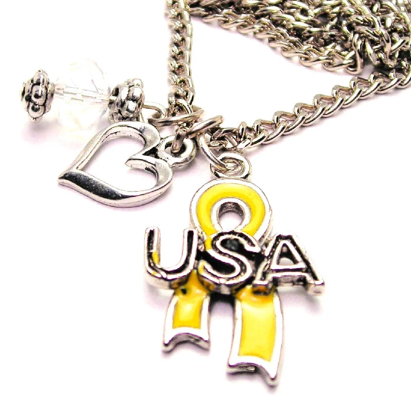 butterfly necklaces for women -Yellow USA Awareness Ribbon Necklace with Small Heart