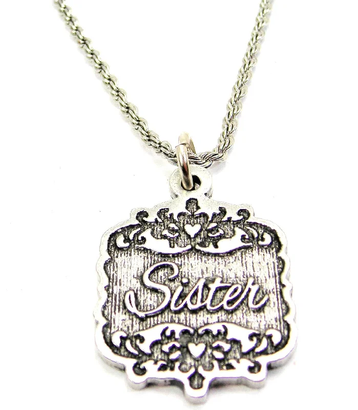 custom engraved necklaces -Sister Victorian Scroll Single Charm Necklace