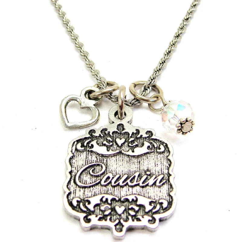 bridal necklaces for women -Cousin Victorian Scroll With Open Heart And Crystal 20" Stainless Steel Rope Necklace