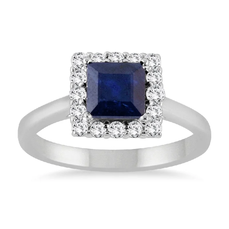 trendy rings for women -2 Carat Sapphire and Diamond Princess Halo Ring in 14K White Gold