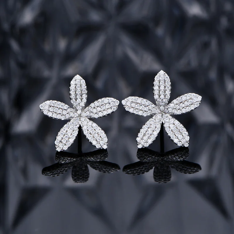 casual earrings for women -Pave Flower Stud Earrings in Sterling Silver