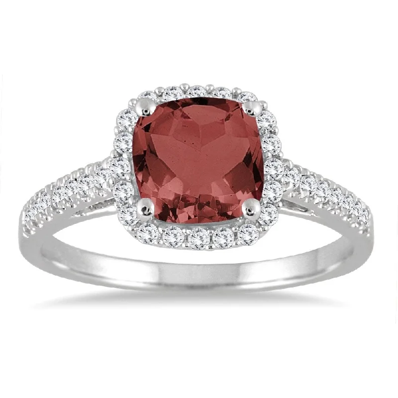 custom name rings for women -5MM Cushion Cut Garnet and Diamond Halo Ring in 10K White Gold