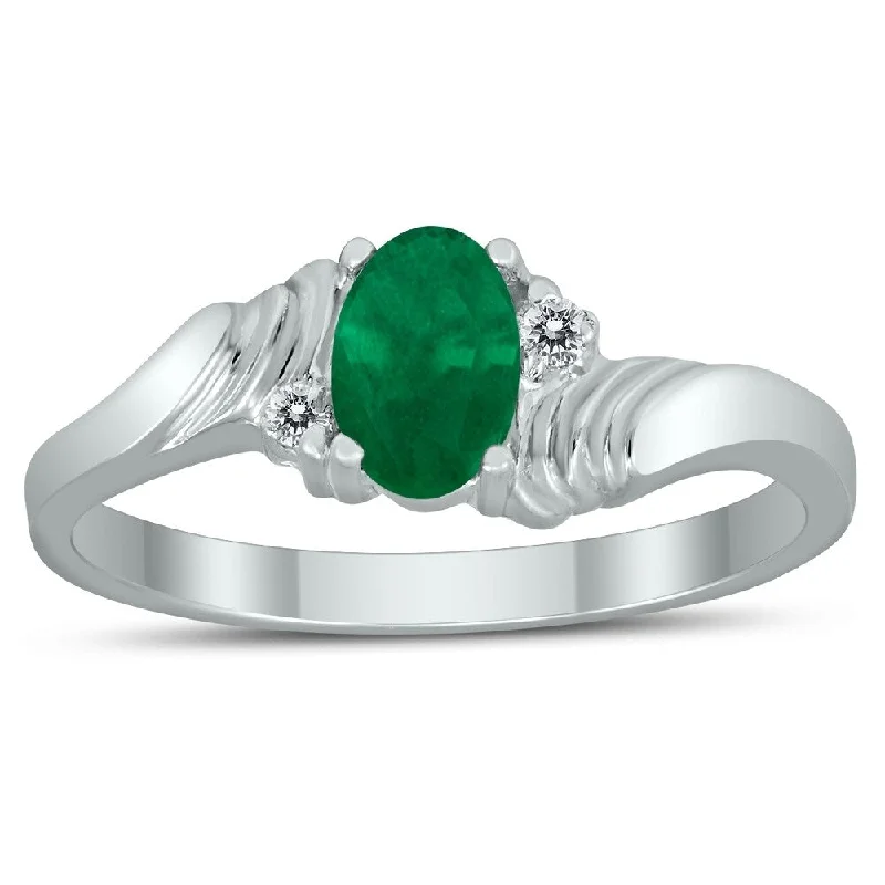 promise rings for women -6X4MM Emerald and Diamond Wave Ring in 10K White Gold