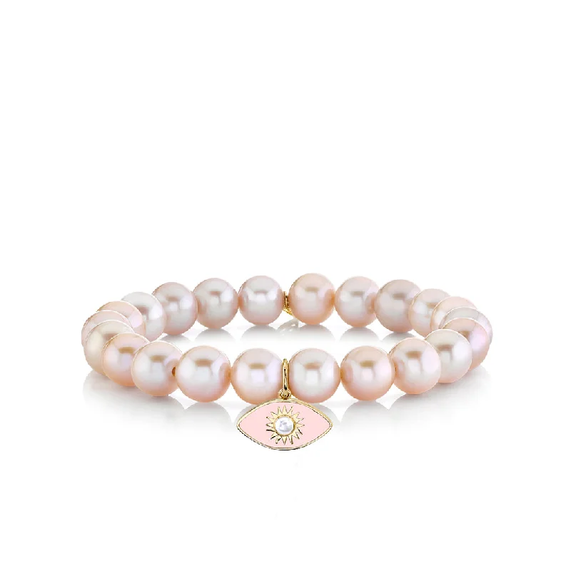 adjustable leather bangles -Gold & Pearl Enamel Sunburst Eye on Natural Pink Pearls