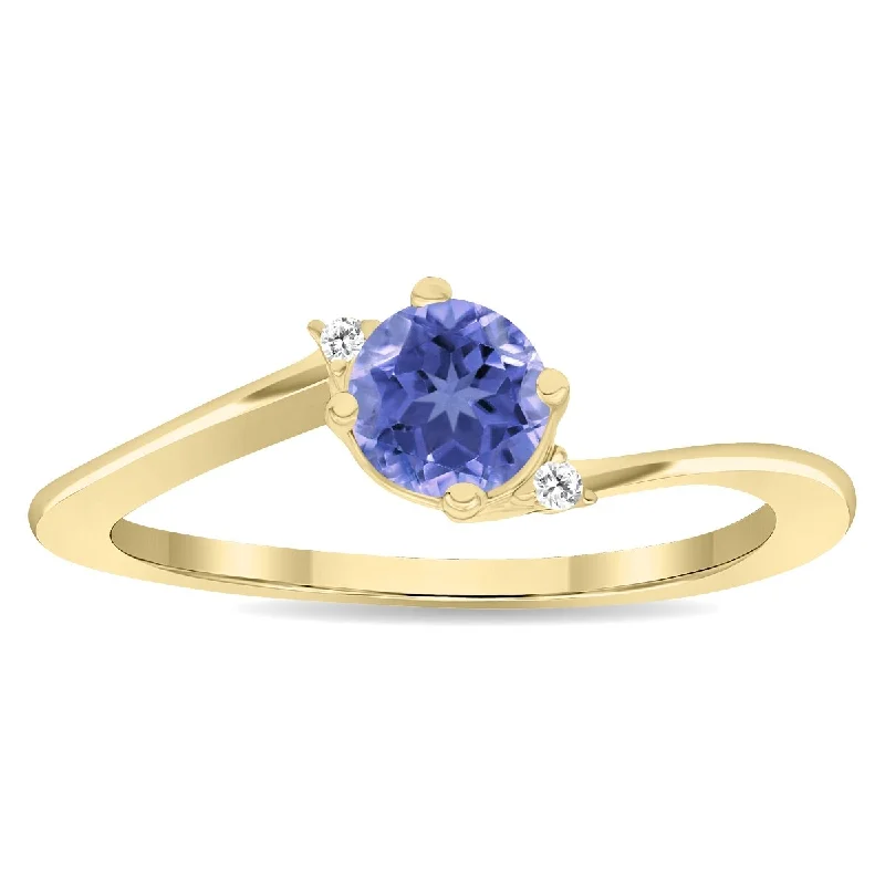 pearl rings for women -Women's Round Shaped Tanzanite and Diamond Wave Ring in 10K Yellow Gold