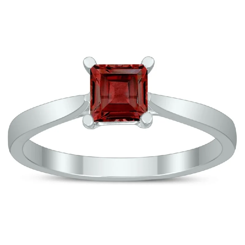 fashion gemstone rings for women -Square Princess Cut 5MM Garnet Solitaire Ring in 10K White Gold