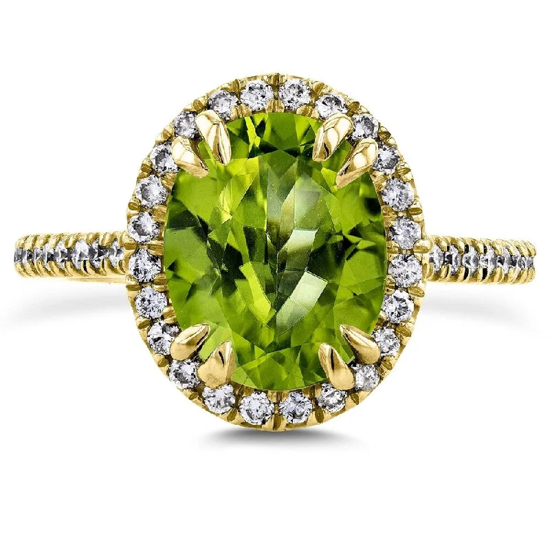 wedding bands with diamonds -Annello by Kobelli 14k Gold 2 3/5ct TGW Oval Cut Green Peridot and Diamond Halo Gemstone Ring