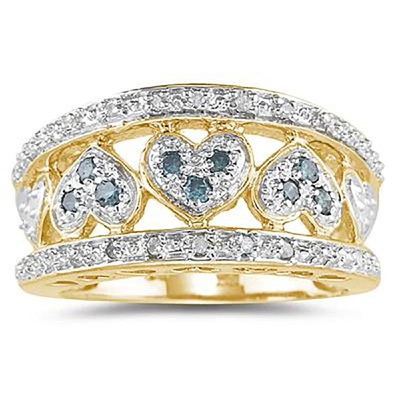 wedding set rings for women -Marquee Blue and White Diamond Heart Ring in 10k Yellow Gold