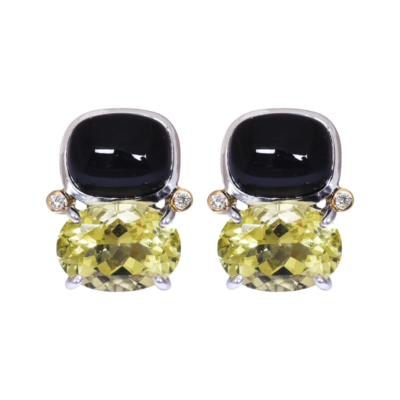 sterling silver earrings for women -Earrings- Onyx, Lemon Quartz and Diamond