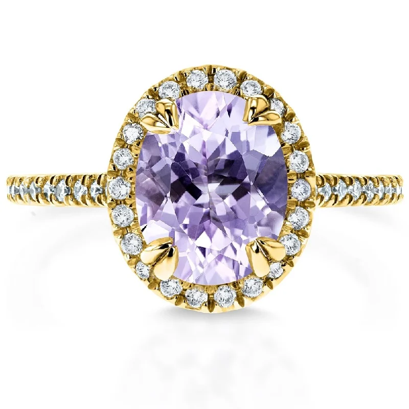 statement rings for women -Annello by Kobelli 14k Gold 1 3/4ct TGW Oval Cut Lavender Purple Amethyst and Diamond Halo Gemstone Ring