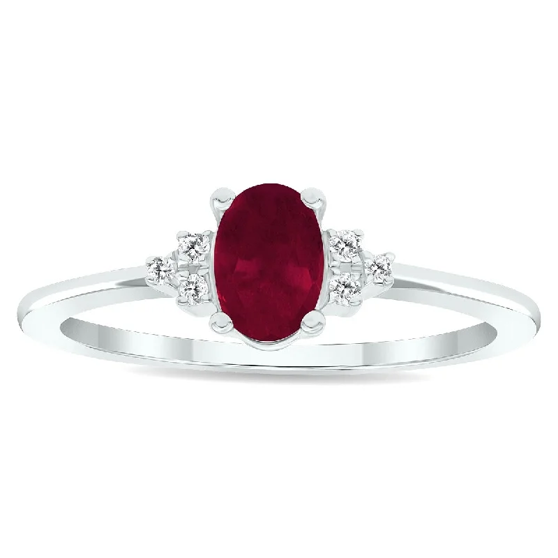 anniversary rings with gemstones -Women's Ruby and Diamond Half Moon Ring in 10K White Gold