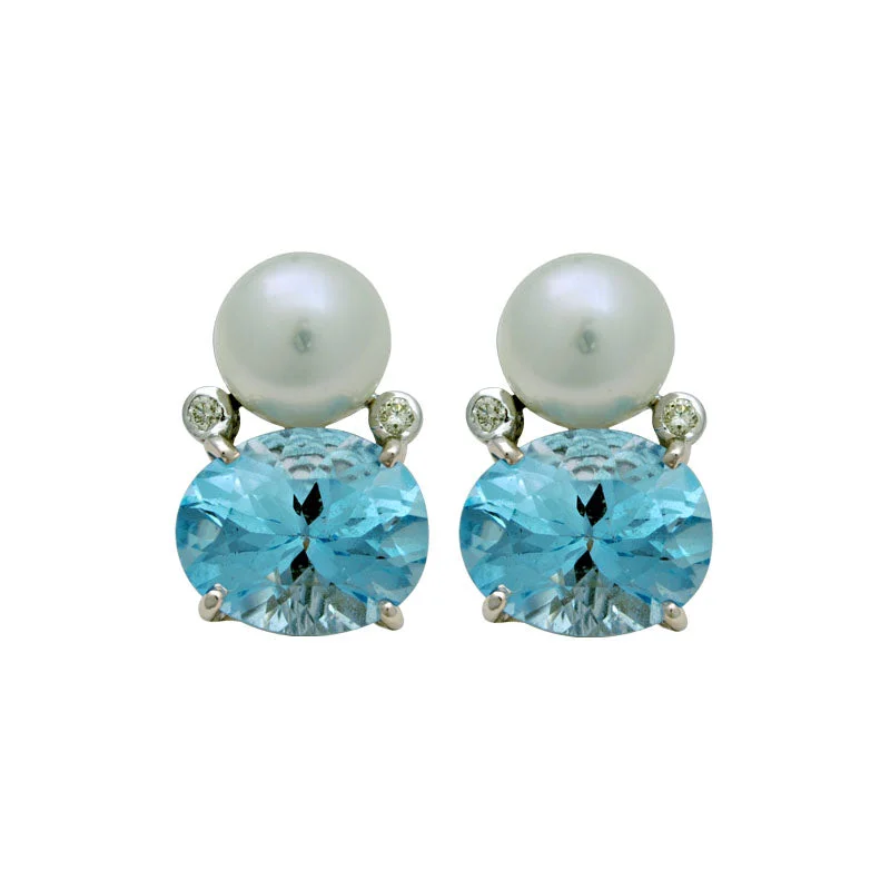 pearl stud earrings -Earrings-South Sea Pearl, Blue Topaz and Diamond