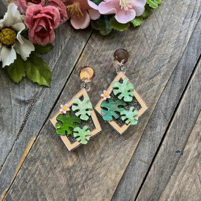 stud earrings for women -Monstera Terrarium Earrings Rose Gold