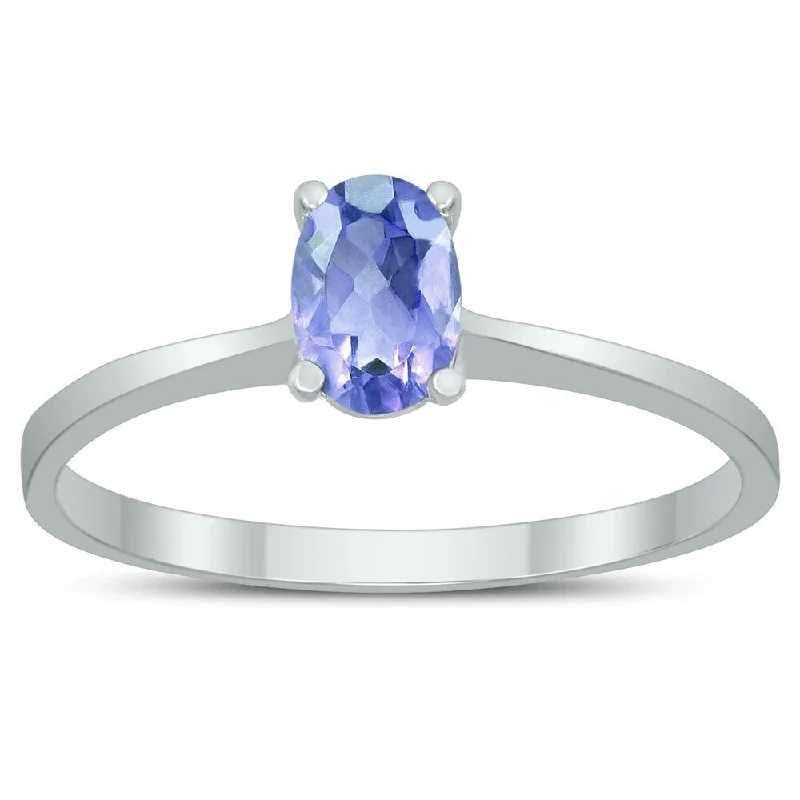 adjustable rings for women -Oval Solitaire 6X4MM Tanzanite Ring in 10K White Gold