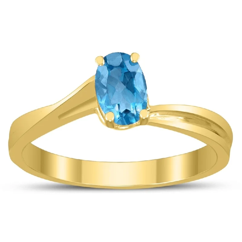 engraved rings for women -Solitaire Oval 6X4MM Blue Topaz Gemstone Twist Ring in 10K Yellow Gold