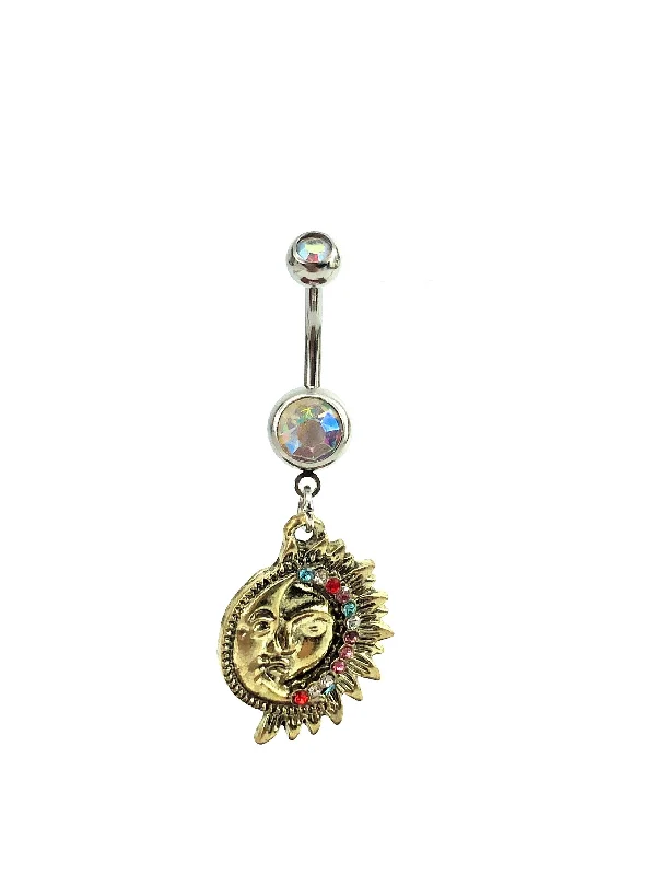 gold rings for women -Stainless steel curve bar , sun & moon gem belly ring, SKU# NBT021