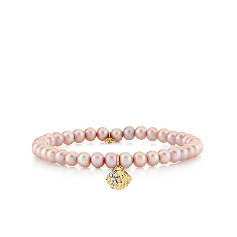 trendy bracelets for women -Gold & Diamond Small Clam Shell on Rose Pearls