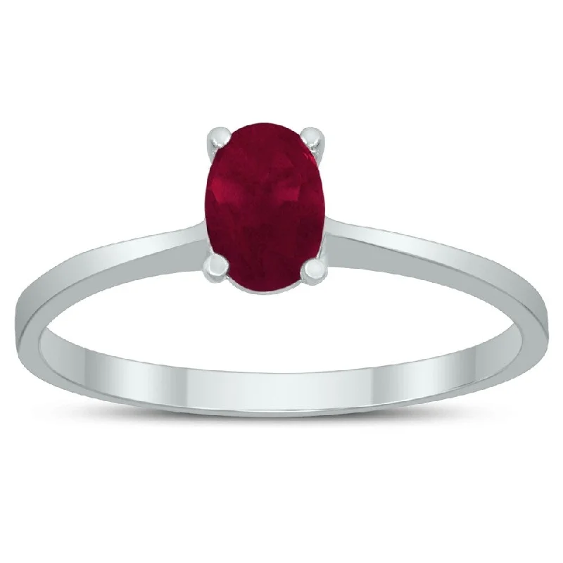 silver rings for women -Oval Solitaire 6X4MM Ruby Ring in 10K White Gold