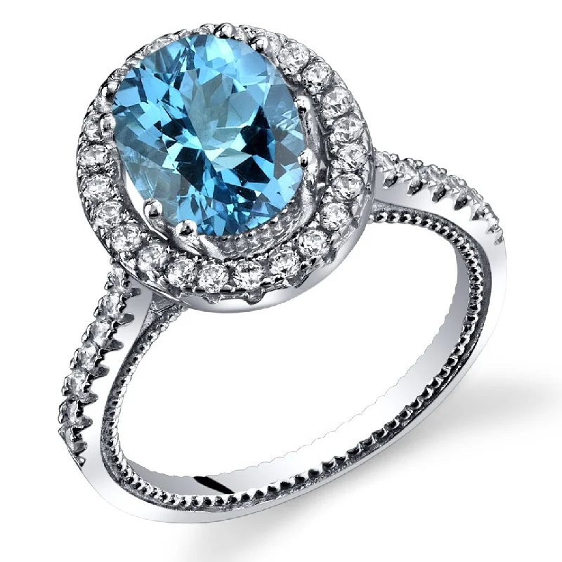 bold rings for women -Sterling Silver 2 ct Swiss Blue Topaz Halo Ring