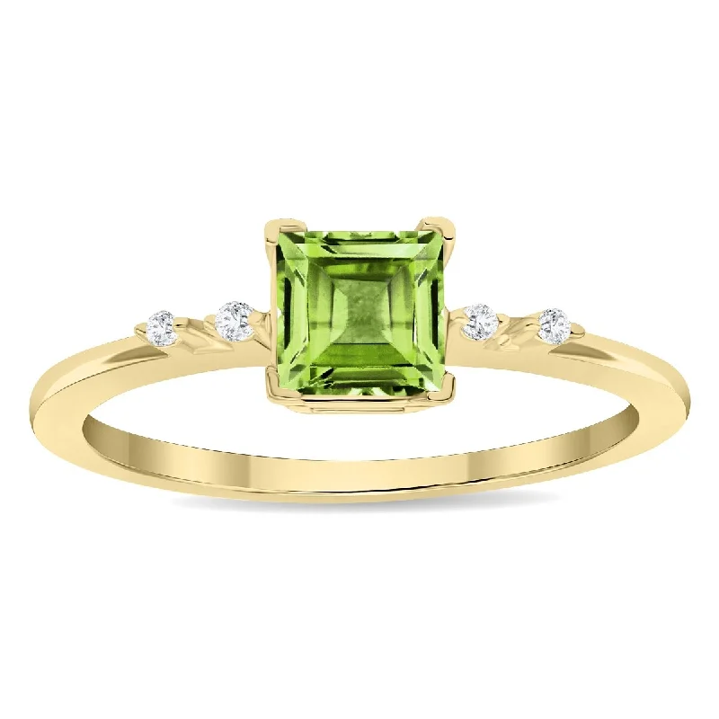 custom engraved rings -Women's Square Shaped Peridot and Diamond Sparkle Ring in 10K Yellow Gold