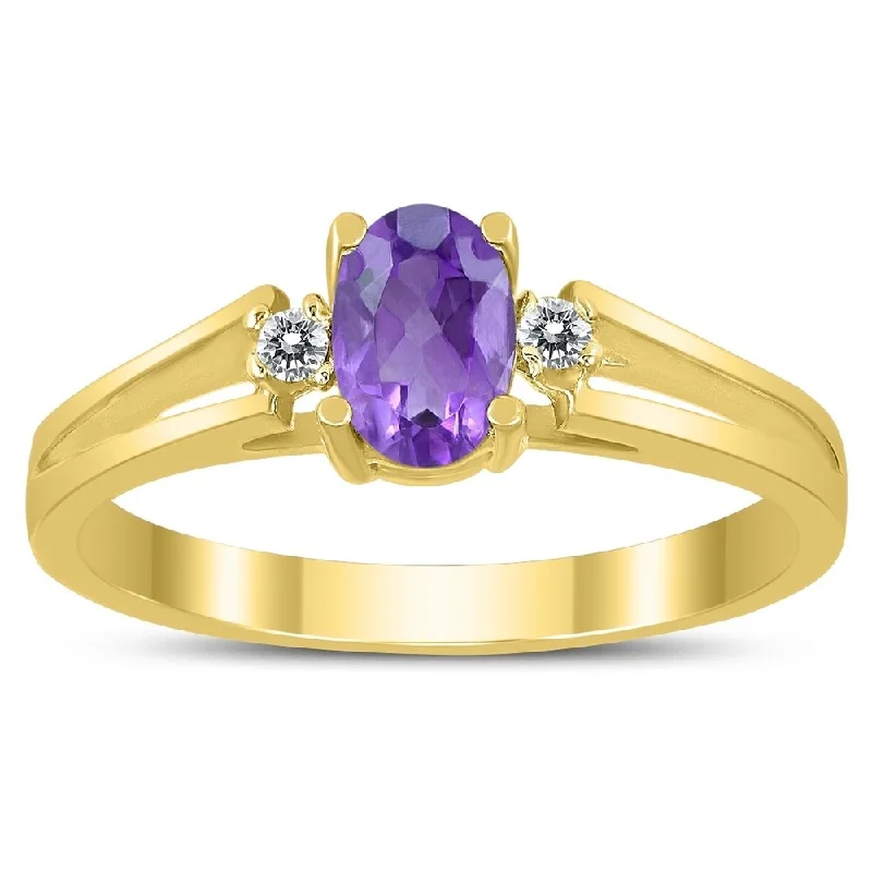 eternity rings for women -6X4MM Amethyst and Diamond Open Three Stone Ring in 10K Yellow Gold