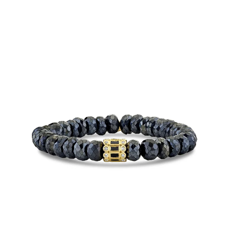 precious stone bracelets for women -Gold & Diamond Baguette & Round Bezel Rondelle On Mystic Black Spinel