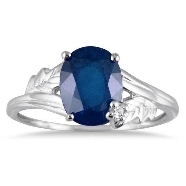 engagement rings for brides -2 1/4 Carat Oval Sapphire and Diamond Leaf Ring in 10K White Gold