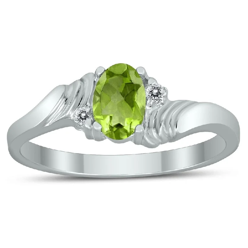 luxury rose gold rings -6X4MM Peridot and Diamond Wave Ring in 10K White Gold