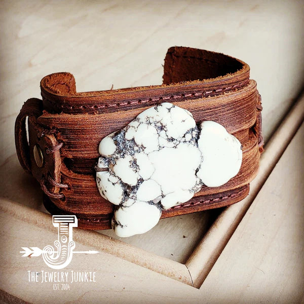 classic charm bracelets -White Turquoise on Dusty Leather Cuff