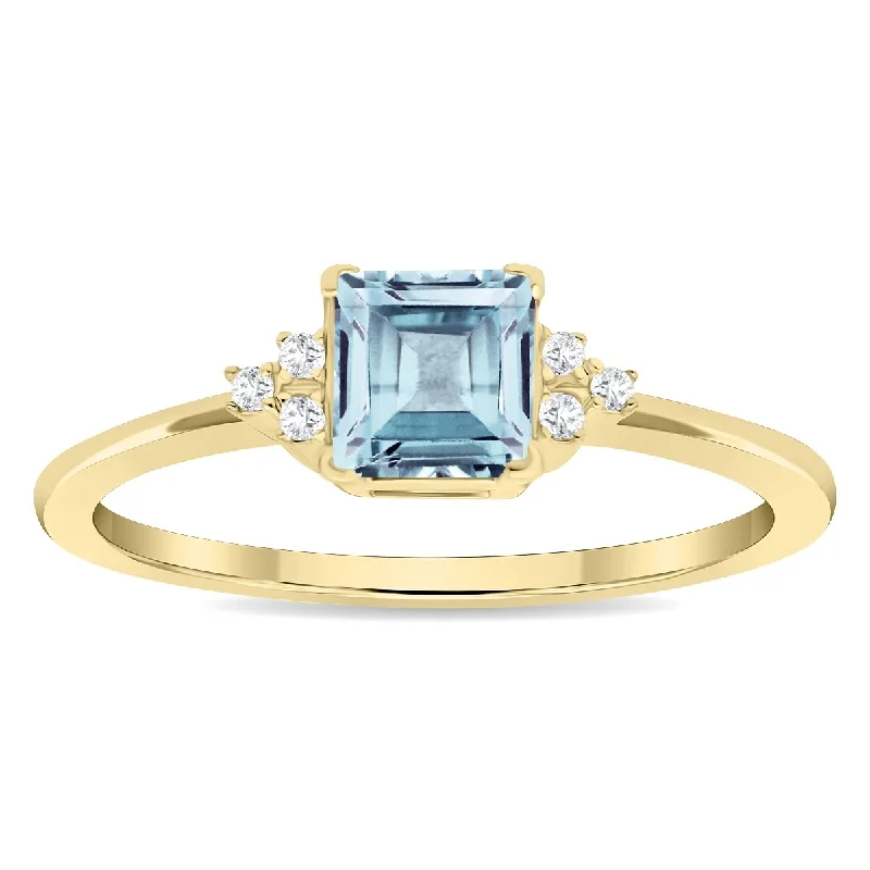 vintage engagement rings -Women's Square Shaped Aquamarine and Diamond Half Moon Ring in 10K Yellow Gold