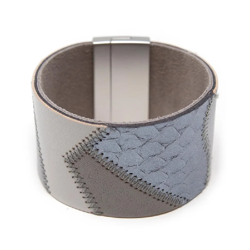 fashion bangles for women -Leather Wide Cuff Stiched Multi Design Grey