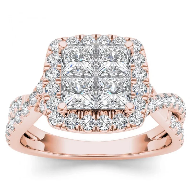 chunky rings for women -De Couer 14k Rose Gold 2ct TDW Diamond Twist Shank Halo Ring - Pink