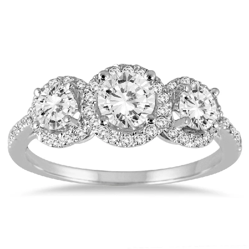 elegant diamond rings for women -1 1/3 Carat TW Diamond Three Stone Halo Ring in 14K White Gold