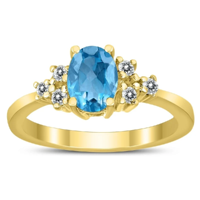 romantic rings for women -7X5MM Blue Topaz and Diamond Regal Ring in 10K Yellow Gold