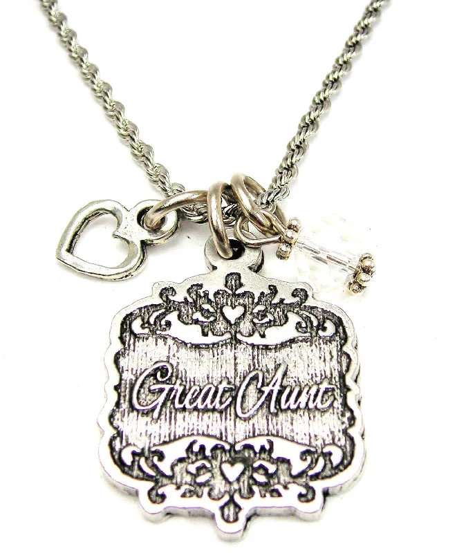 anniversary gift necklaces for women -Great Aunt Victorian Scroll With With Open Heart And Crystal 20" Stainless Steel Rope Necklace