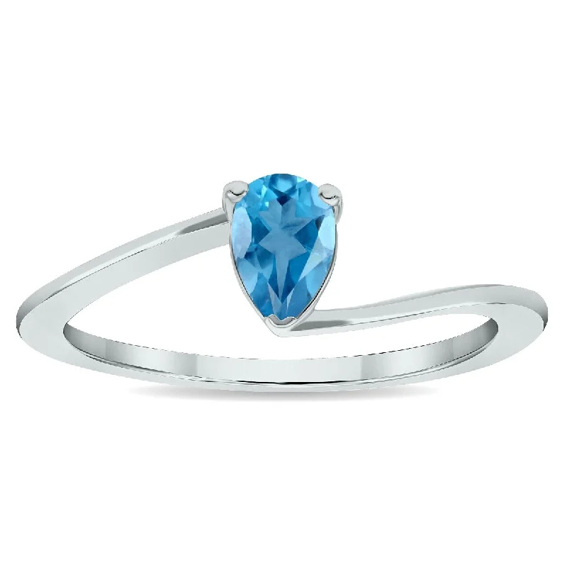 solitaire rings for women -Women's Solitaire Blue Topaz Wave Ring in 10K White Gold