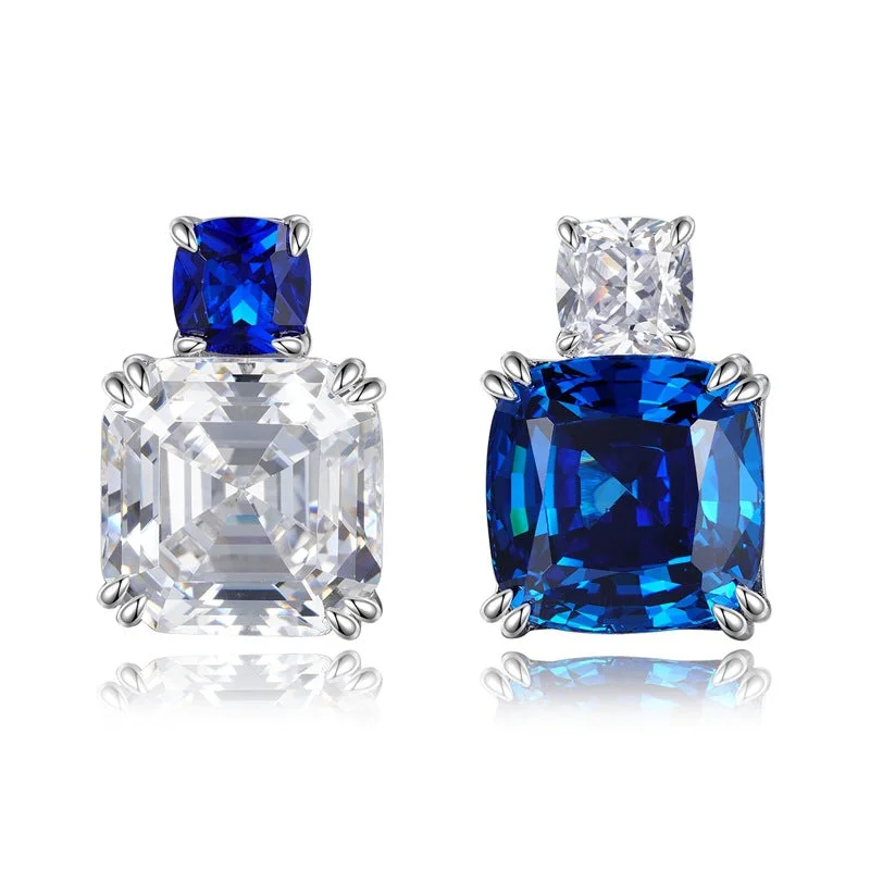 chic earrings for women -Asscher Cut and Cushion Cut Sapphire Blue Dangle Earrings in Sterling Silver