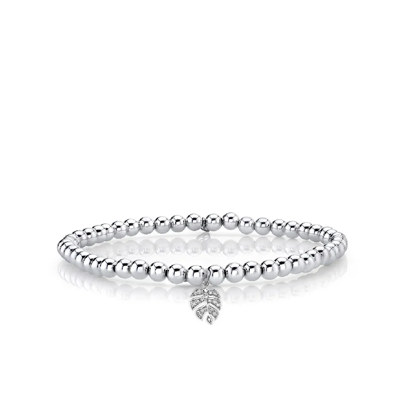 adjustable gold bracelets for women -White Gold & Diamond Monstera Leaf on White Gold Beads