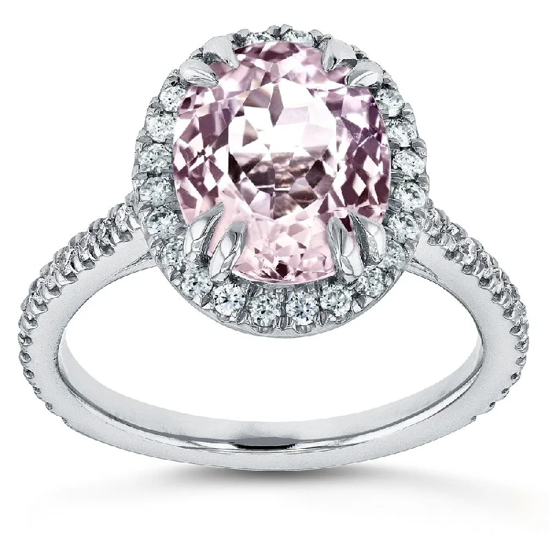 vintage wedding rings for women -Annello by Kobelli 14k White Gold 3 7/8ct TGW Oval Cut Pink Kunzite and Diamond Halo Gemstone Ring