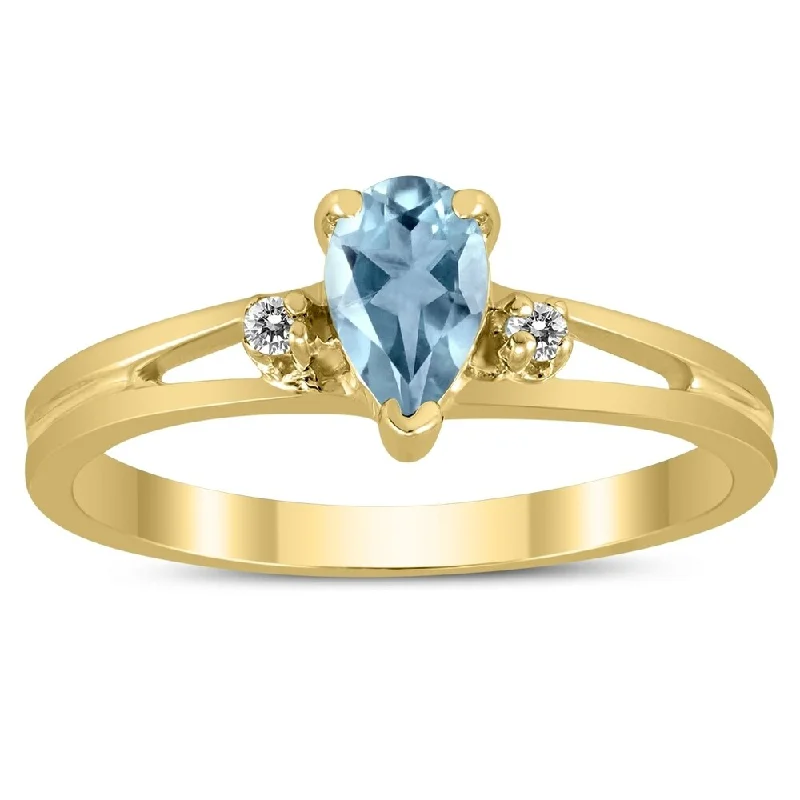 eternity diamond wedding rings -6X4MM Aquamarine and Diamond Pear Shaped Open Three Stone Ring in 10K Yellow Gold