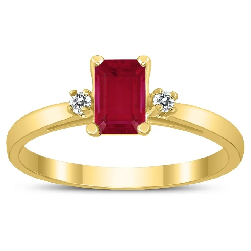 custom engraved rings -Emerald Cut 6X4MM Ruby and Diamond Three Stone Ring in 10K Yellow Gold