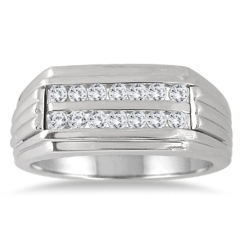 wedding rings for couples -1/2 Carat TW Diamond Men's Double Row Channel Set Ring in 10K White Gold