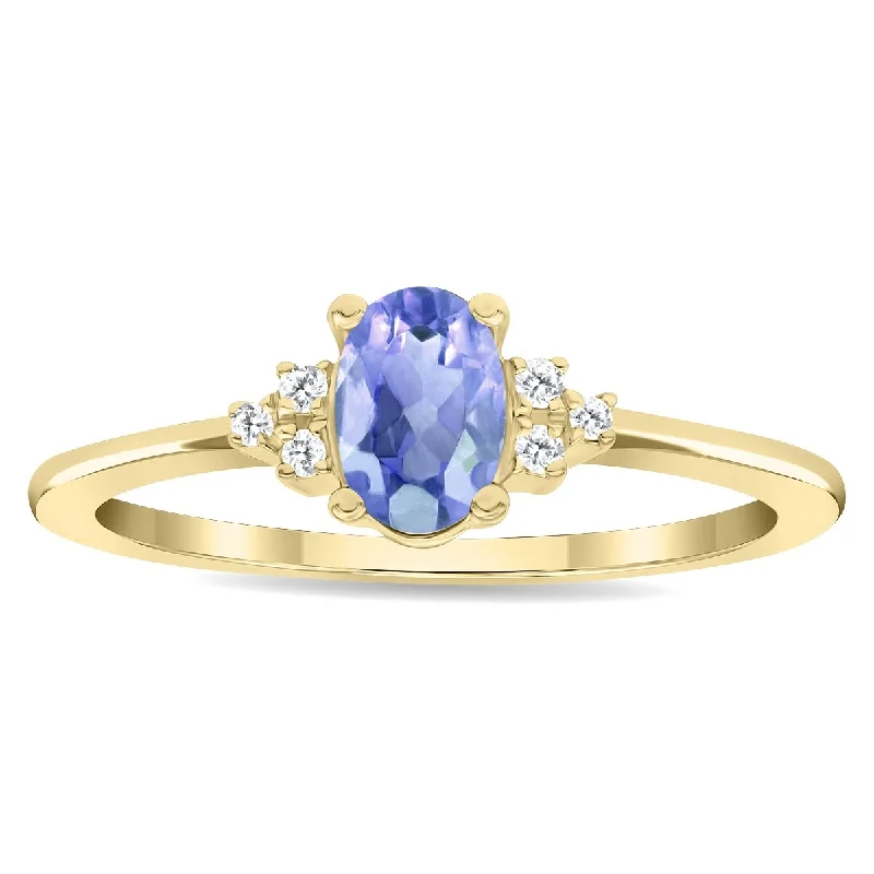 pearl rings for women -Women's Oval Shaped Tanzanite and Diamond Half Moon Ring in 10K Yellow Gold