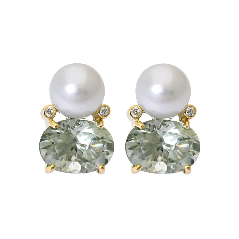 gold earrings for women -Earrings- Green Quartz, South Sea Pearl and Diamond