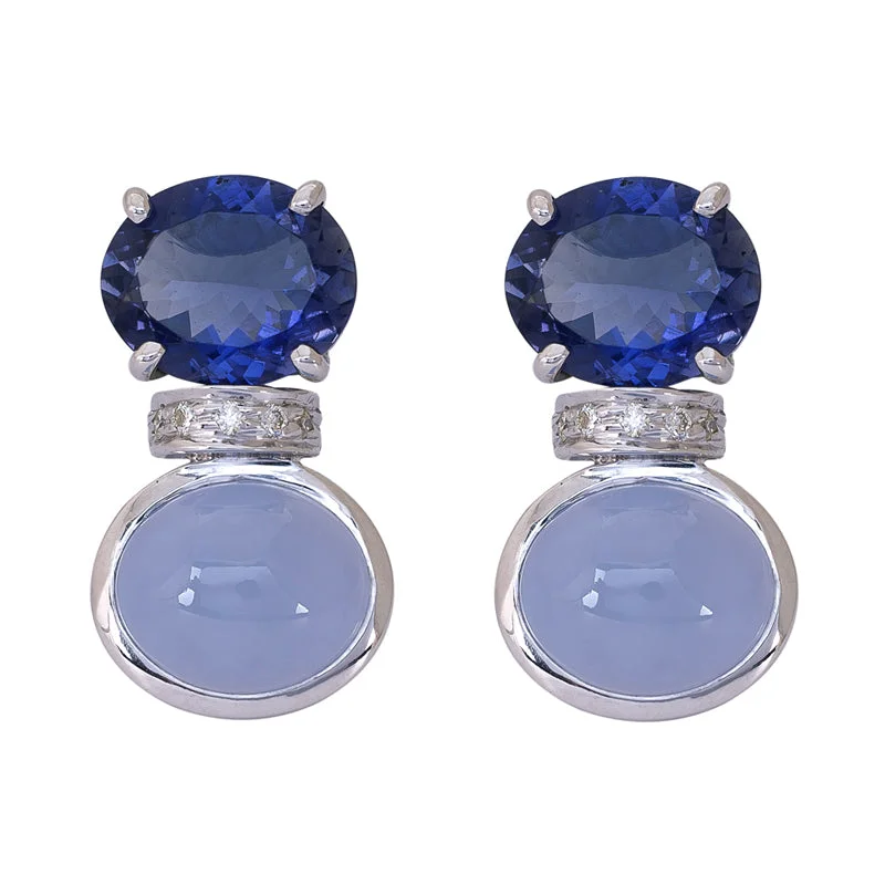 diamond drop earrings for women -Earrings- Iolite, Chalcedony and Diamond